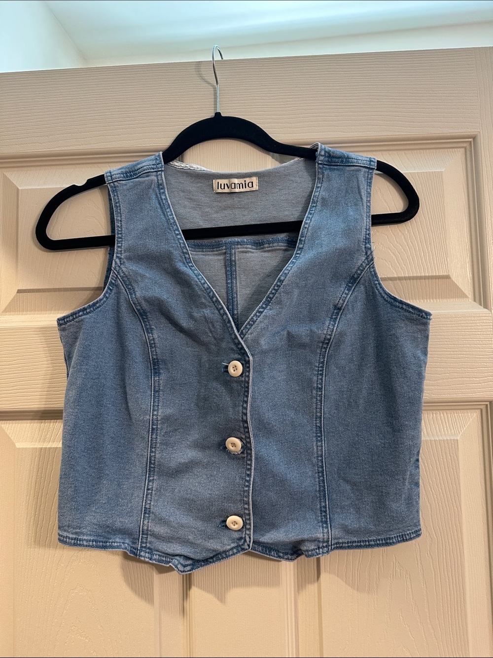 Luvamia Light Blue Denim Cropped Button-Front Top